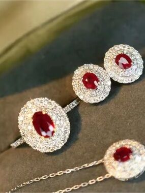 Classic Sterl. Silver Lab Red Ruby Halo  Necklace Stud Earrings Ring Size 8 Set